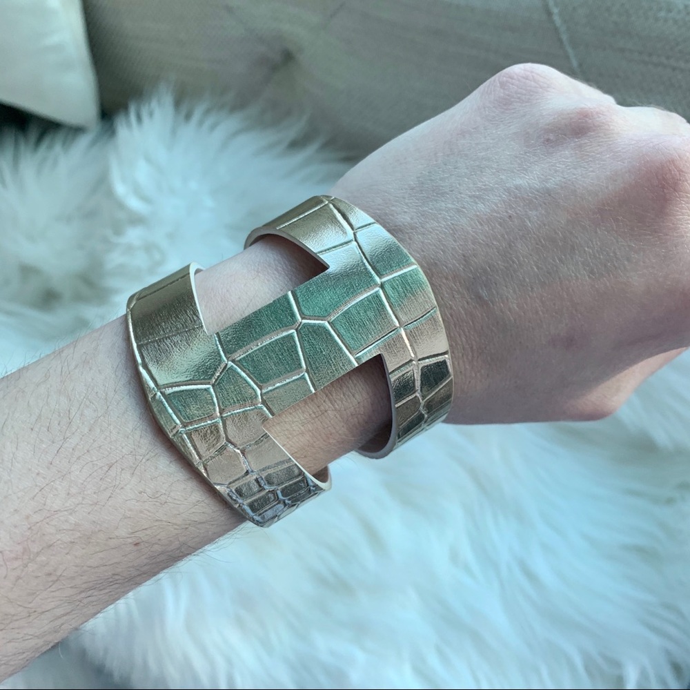 Croc Embossed Gold Eco Leather Cuff Bracelet - Picture 4 of 9